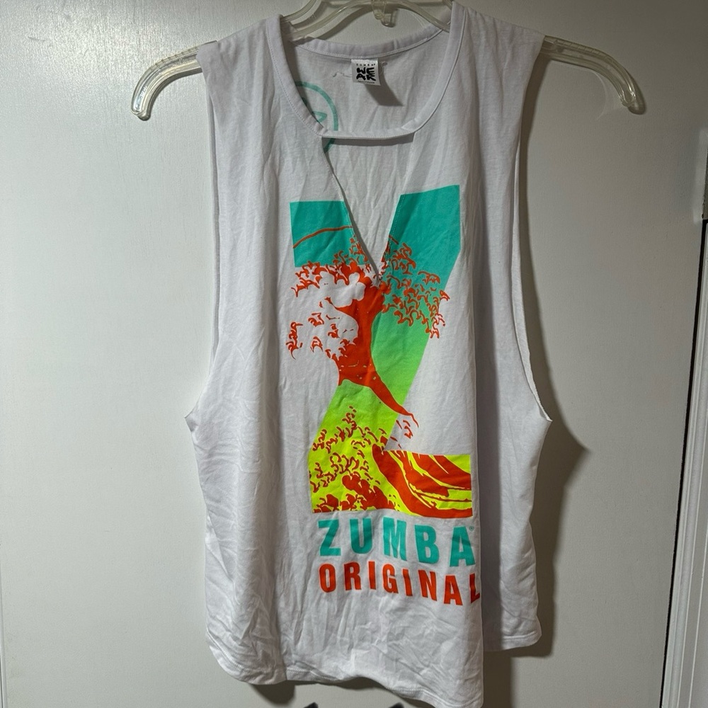 Zumba Fitness White Green Sleeveless Muscle Tee with Cut Out Design